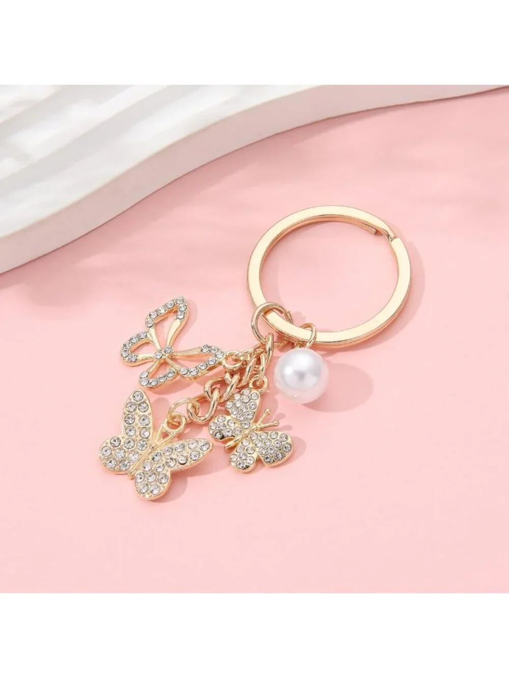 20PCS Crystal Butterfly Keychains with Pearl Charms - Cute Key Rings for Bags